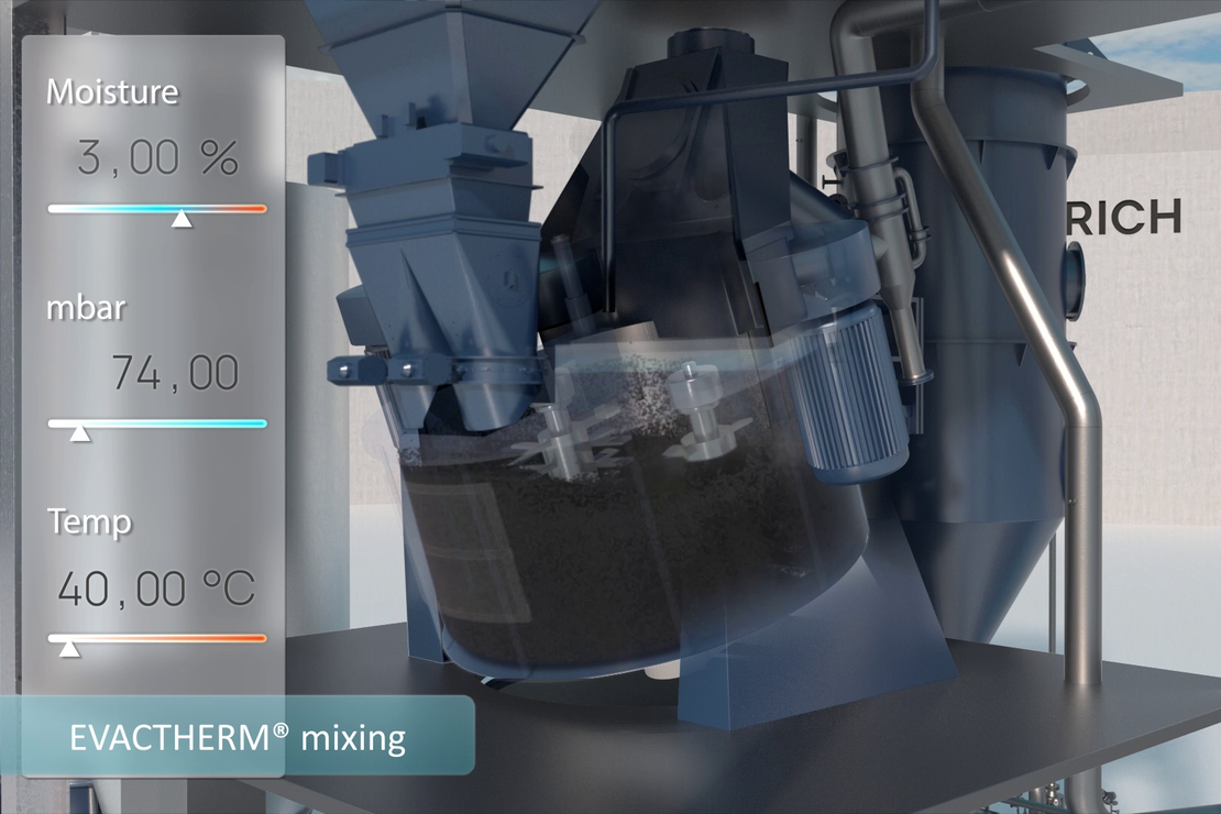 Eirich intensive mixer Evactherm cross section showing rotating pan, eccentric tool and vacuum housing